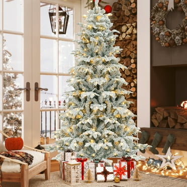 Uforic 7.5FT Pre-Lit Flocked Artificial Christmas Tree,Snow Flocked Christmas Tree with 1010 Mixed Branch Tips & 450 Lights, for Home, Office and Party Decor
