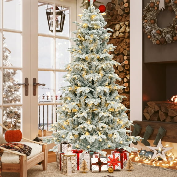 Uforic 7.5FT Pre-Lit Flocked Artificial Christmas Tree with 1010 Branch Tips, 450 Lights for Home, Office & Party Decor