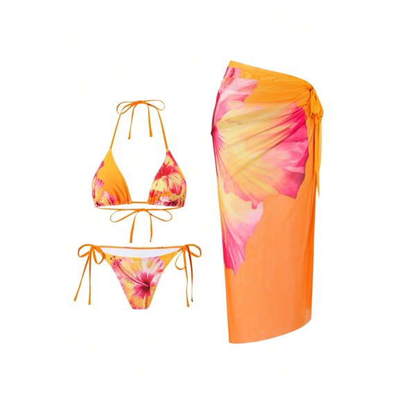 2026 New module Women's 3 Piece Swimsuit Floral Halter Triangle String Bikini Tie Side Bottom with Boho Cover Up Skirt