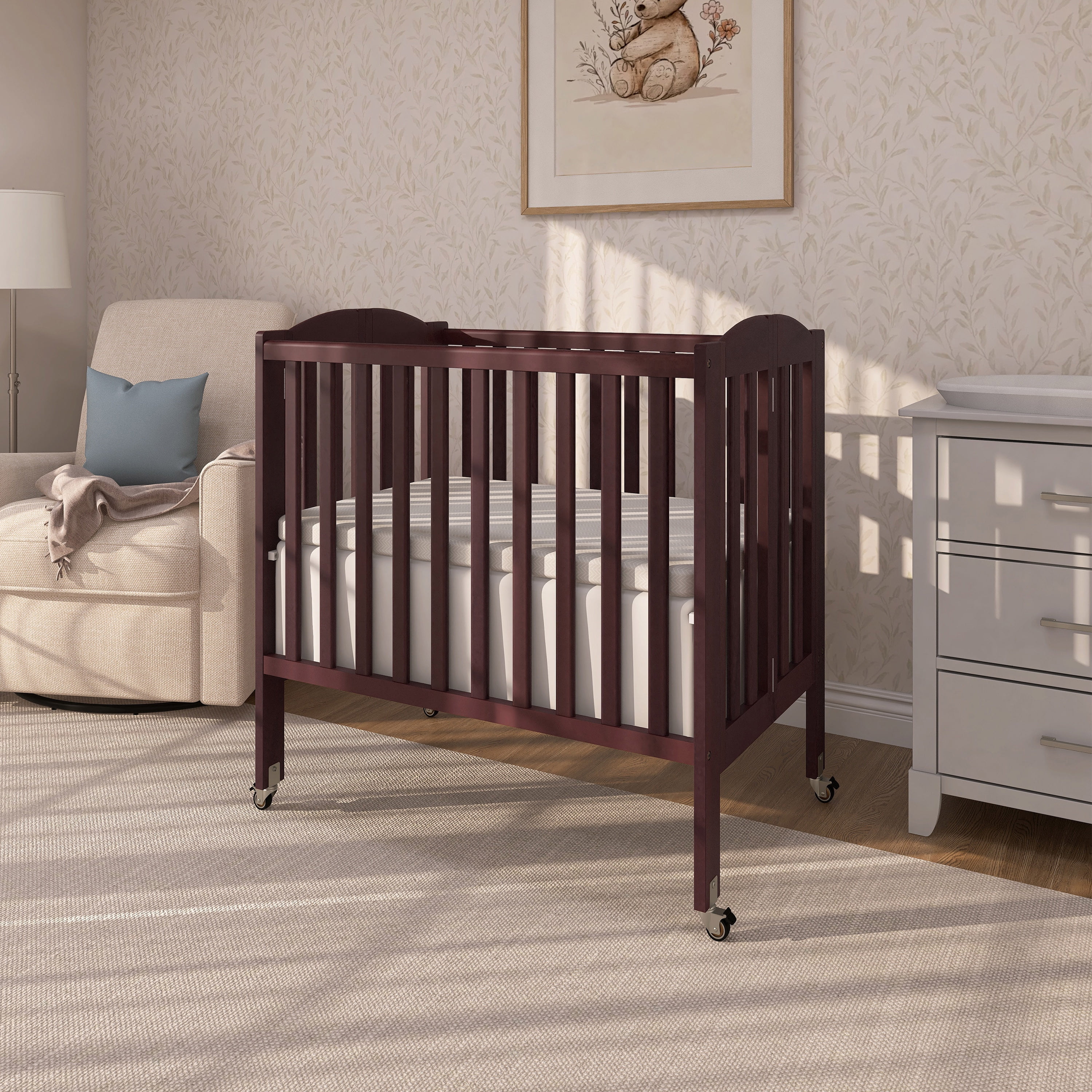 Dream On Me 2-in-1 Folding Portable Mini Crib in Espresso, Mattress Pad Included, Easy to Fold and Store Baby Crib, Two Adjustable Mattress Height positions Convertible Crib