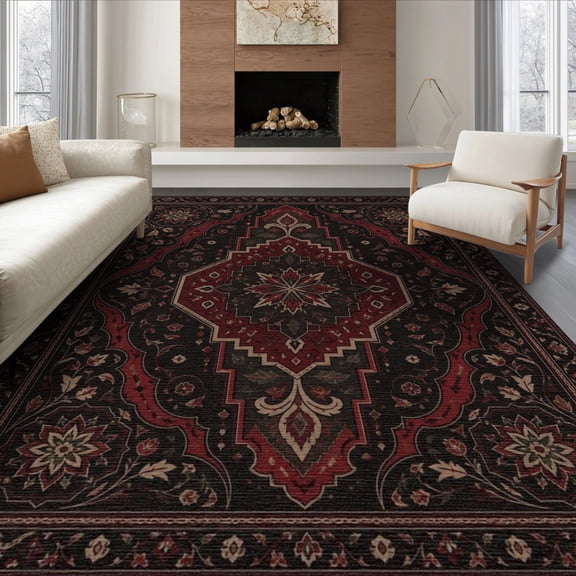 ODIKA 8'x10' Washable Area Rug Non-Slip Chair-Friendly Mat Black Red Elegance with Floral Symmetry Intricate Geometric and Designs Border Detailing for Dining Room, Large Office, Lounge