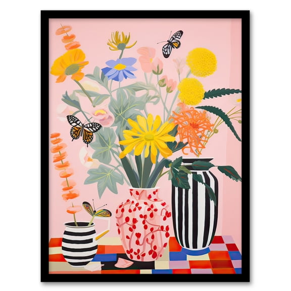 Butterflies and Spring Wildflowers in Ceramic Vases Oil Painting Bright Colourful Bouquets Art Print Framed Poster Wall Decor 12x16 inch