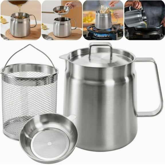 304 Stainless Steel Oil Filter Pot, 68 Oz Bacon Grease Container Saver with Oil Strainer, 2 in 1 Large Capacity Versatile Oil Filter Vessel with Deep Fry Basket for Kitchen Camping