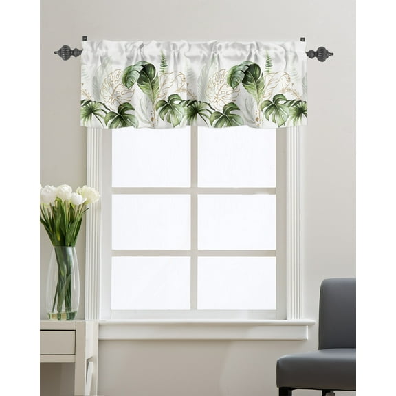 Kitchen Cafe Valance Curtain for Small Windows,Tropical Green Palm Leaf Branches Rod Pocket Valances Watercolor Foliage Leaves on White Window Treatment Panel for Living Room/Bedroom/Bathroom,54x18in