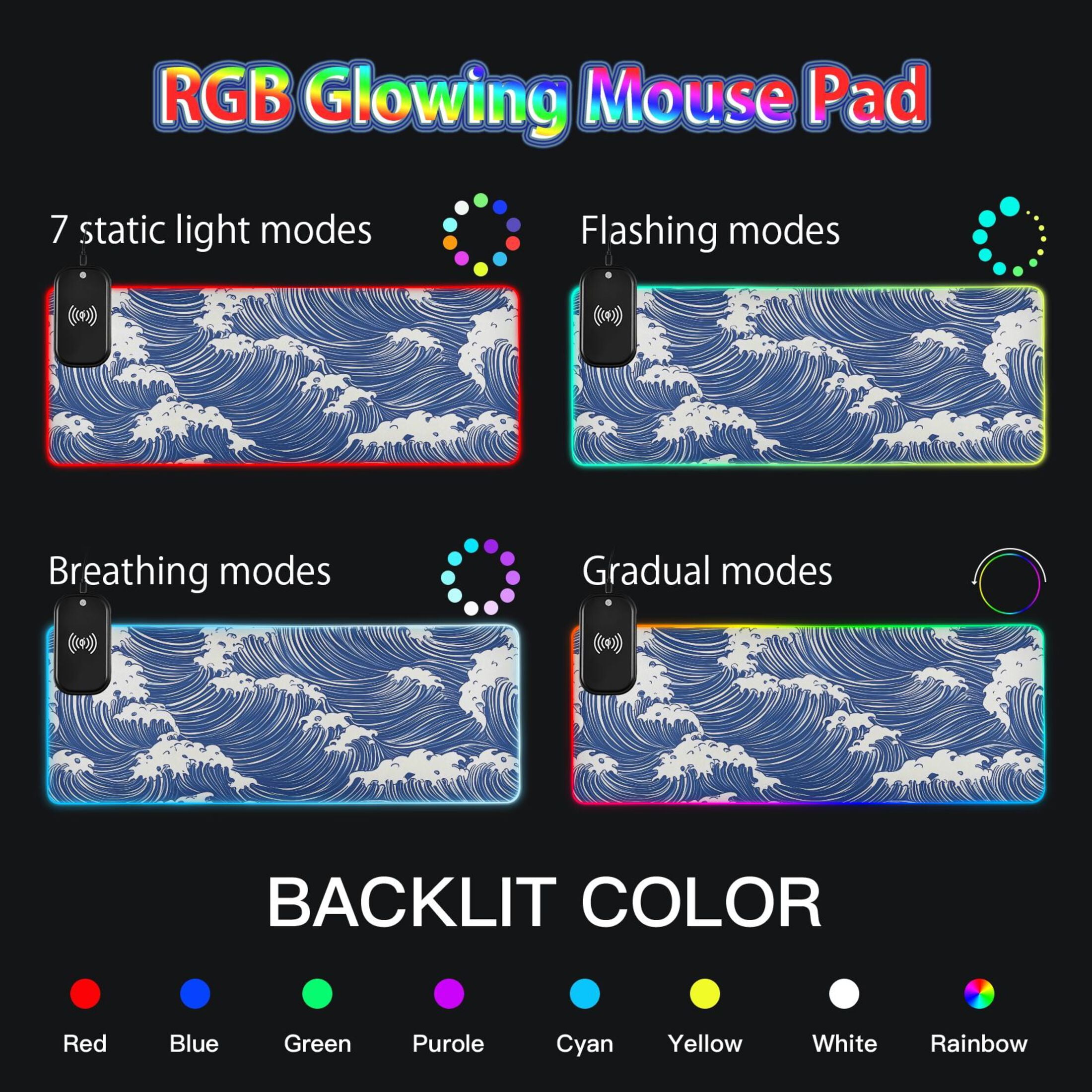 RGB Gaming Mouse Pad 15W Wireless Charging Large Waterproof Desk Mat 13 Light Modes Mousepad 35.4x15.7 Blue White Wave