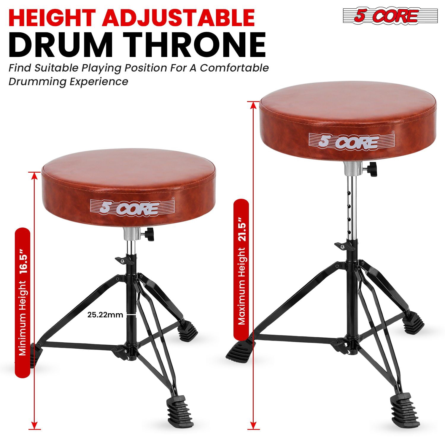 5 Core Drum Throne 3" Thick Padded Guitar Stool 200Lb Capacity Heavy Duty Adjustable Drummer Chair