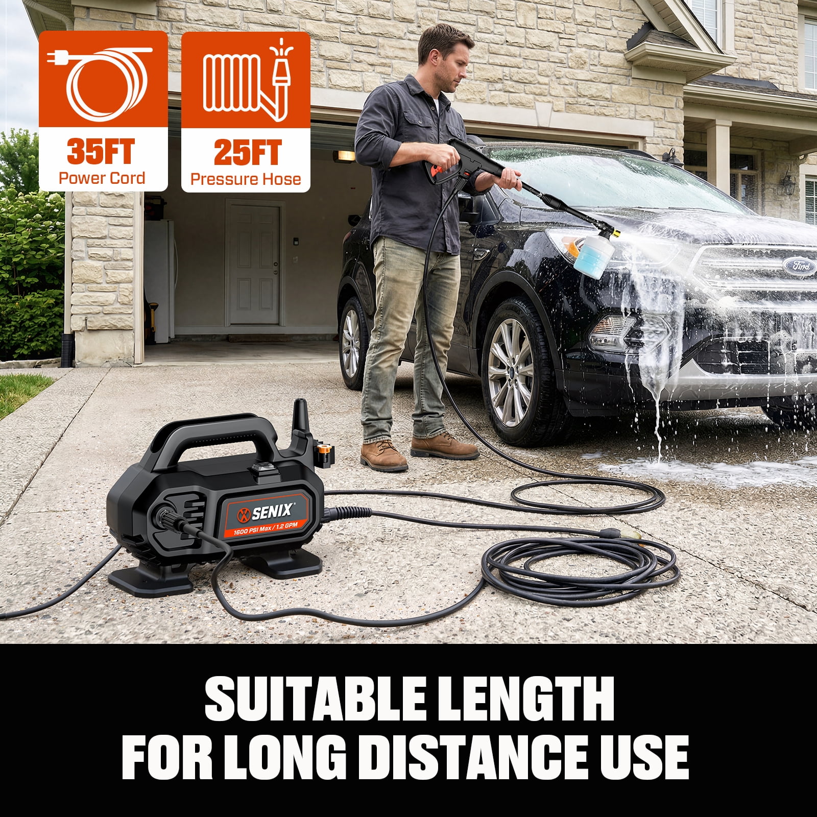 SENIX 1600 PSI Electric Pressure Washer 1.2 GPM, 11 Amp Motor, 20ft Hose, Quick-Connect Nozzles HPWE11-L