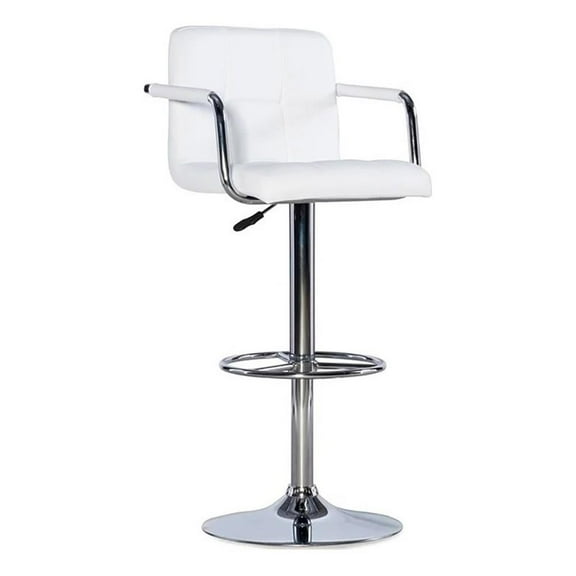 Pemberly Row 32.5" Faux Leather & Metal Swivel Bar Stool in White/Chrome