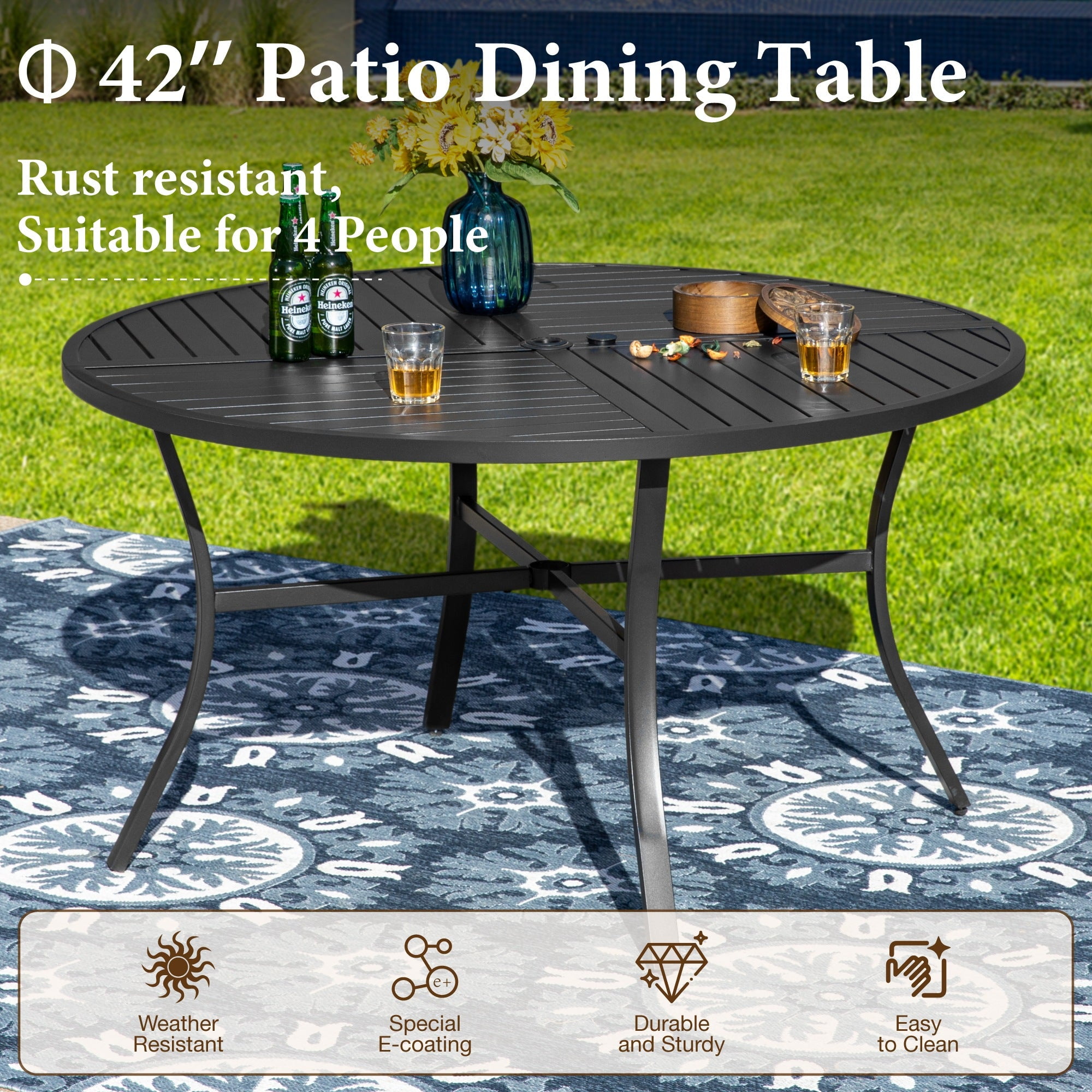 MF Studio 5 Pieces Outdoor Dining Set with Swivel All-Weather Rattan Rope Chair and 42" Round Table, Black and Beige