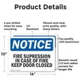thumbnail image 2 of (2 Pack) Fire Suppression In Case Of Fire Keep Door Closed OSHA Notice Sign 14 Inch X 10 Inch Indoor / Outdoor Rust-Free Aluminum Metal Signs for Workplace, Workshop, and Construction, 2 of 8