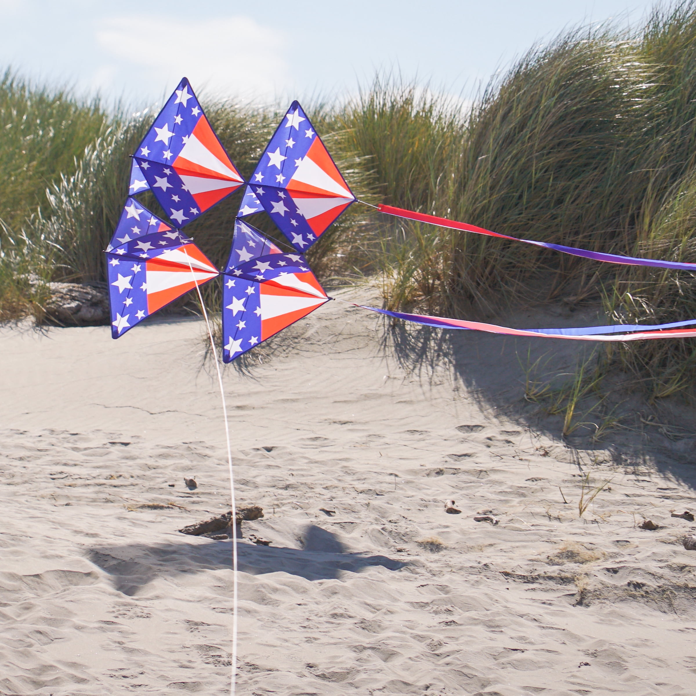 In the Breeze 3372 — Stars & Stripes Tri-Kite — Large Patriotic Cellular Single-Line Kite with Color-Coordinated Streamer Tails; Kite Line Included