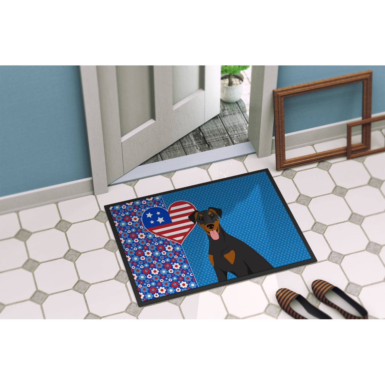 Natural Ear Black and Tan Doberman Pinscher USA American Indoor or Outdoor Mat 24x36