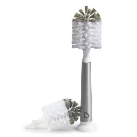 Munchkin Shine Stainless Steel Bottle Brush, Includes (1) Nipple Brush in the handle and (1) Replacement Brush Head, Suction Cup Base, Gray