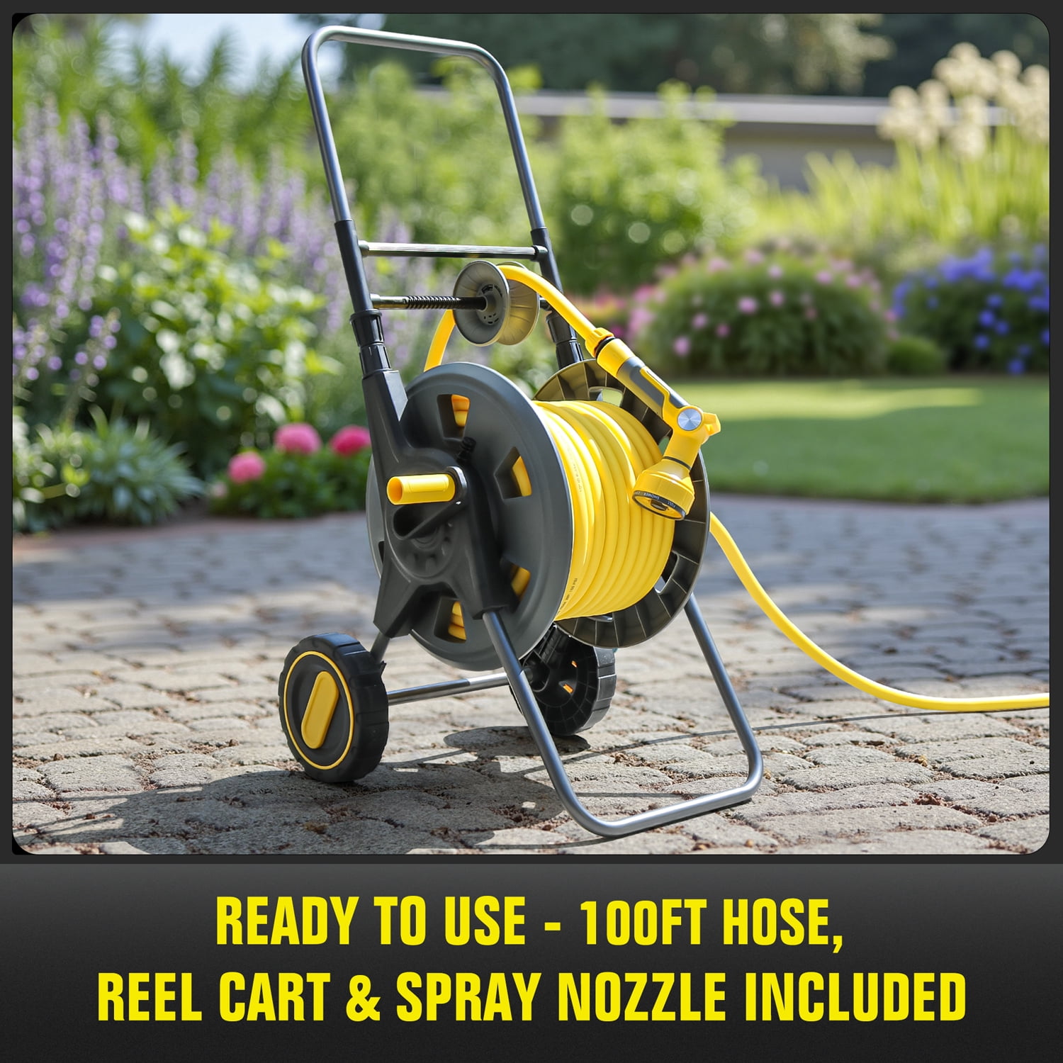Hose Reel Cart with Wheels, Include 100FT Water Hose and Sprayer Nozzle, Portable Garden Hose Set for Watering Flowers, Cleaning Floors, Washing Cars Outside