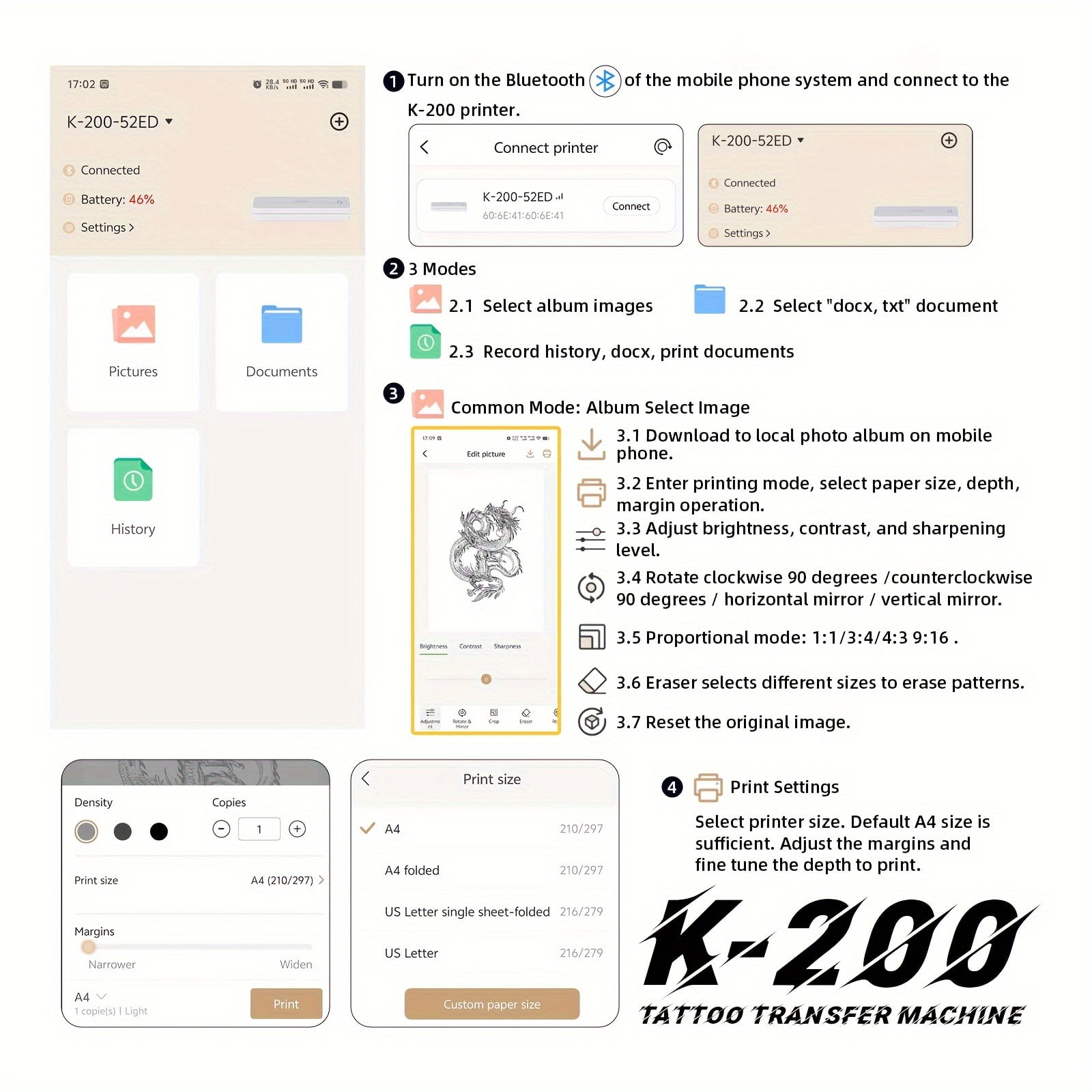 K200 Wireless Thermal Tattoo Printer Tattoo Transfer Printer Mini Portable Thermal Tattoo Stencil Printer with 10pcs Tattoo Transfer Paper 10pcs A4 Paper