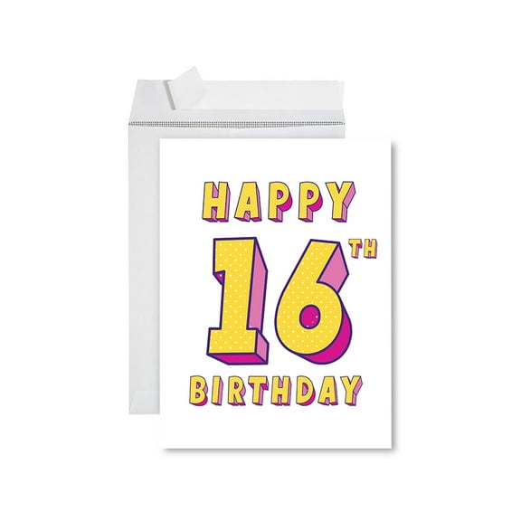 Koyal Wholesale Jumbo Happy Birthday Card with Envelope, Purple & Yellow Happy 16th Birthday Card with Blank Space, 1-Pk