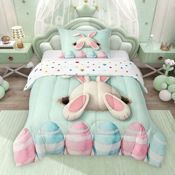 Erosebridal Kids Happy Easter Twin Comforter Sets for Girls, Colorful Eggs Rabbit Bedding Set, Polka Dots Reversible 2-Piece, 1 Comforter and 1 Pillowcase