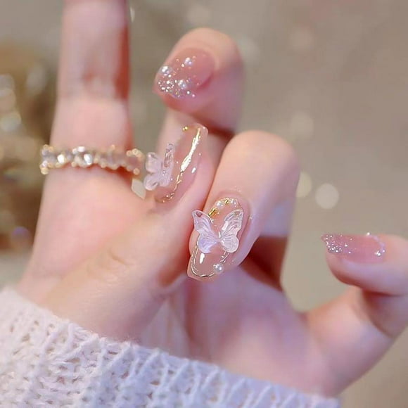 Jinsinto Pink Press on Nails Medium Fake Nails Coffin Nails for Women with Butterflies Design Glossy Nails