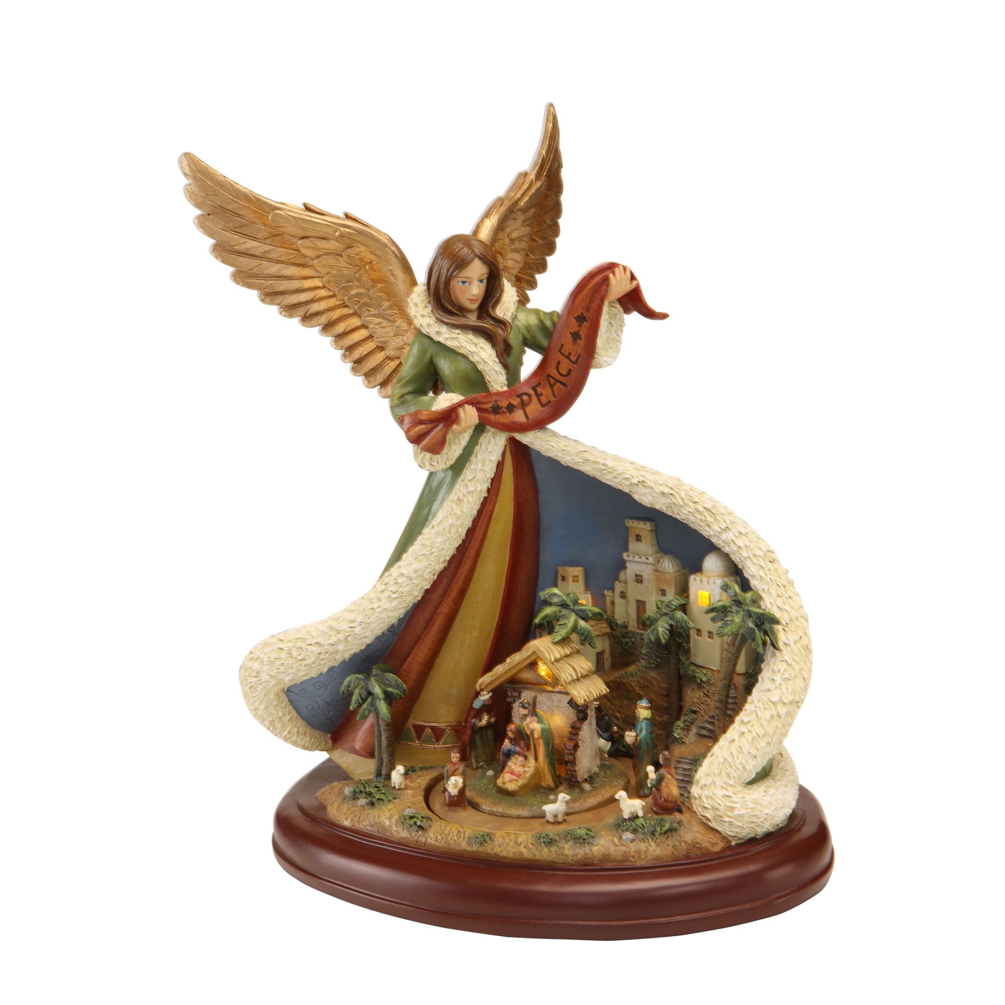 10" Brown and Beige Revolving Nativity Angel Scene LED Lighted Tabletop