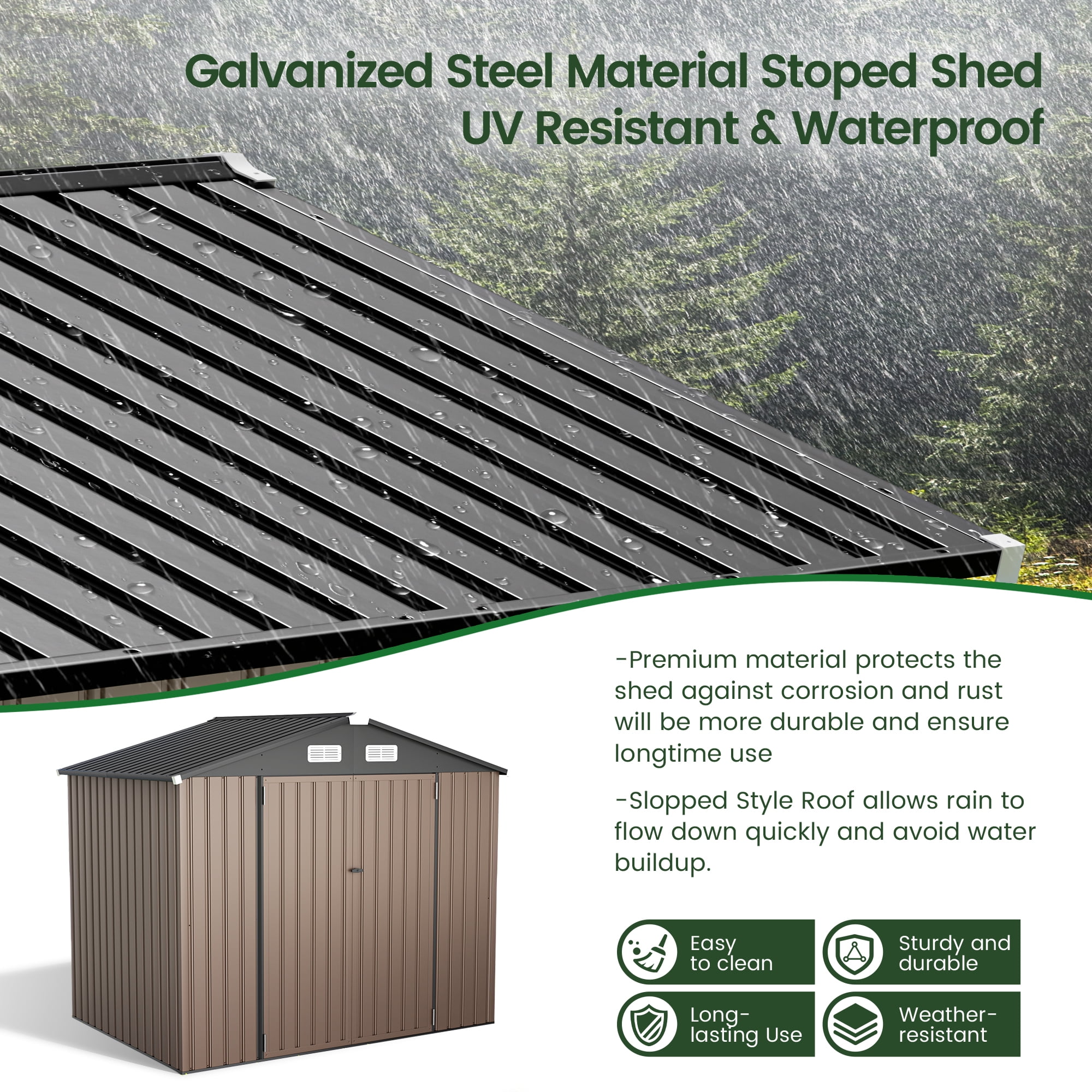 GVDV Metal Shed, 8 x 6 ft Metal Outdoor Storage Shed with Updated Frame, Lockable Doors & Waterproof, Brown