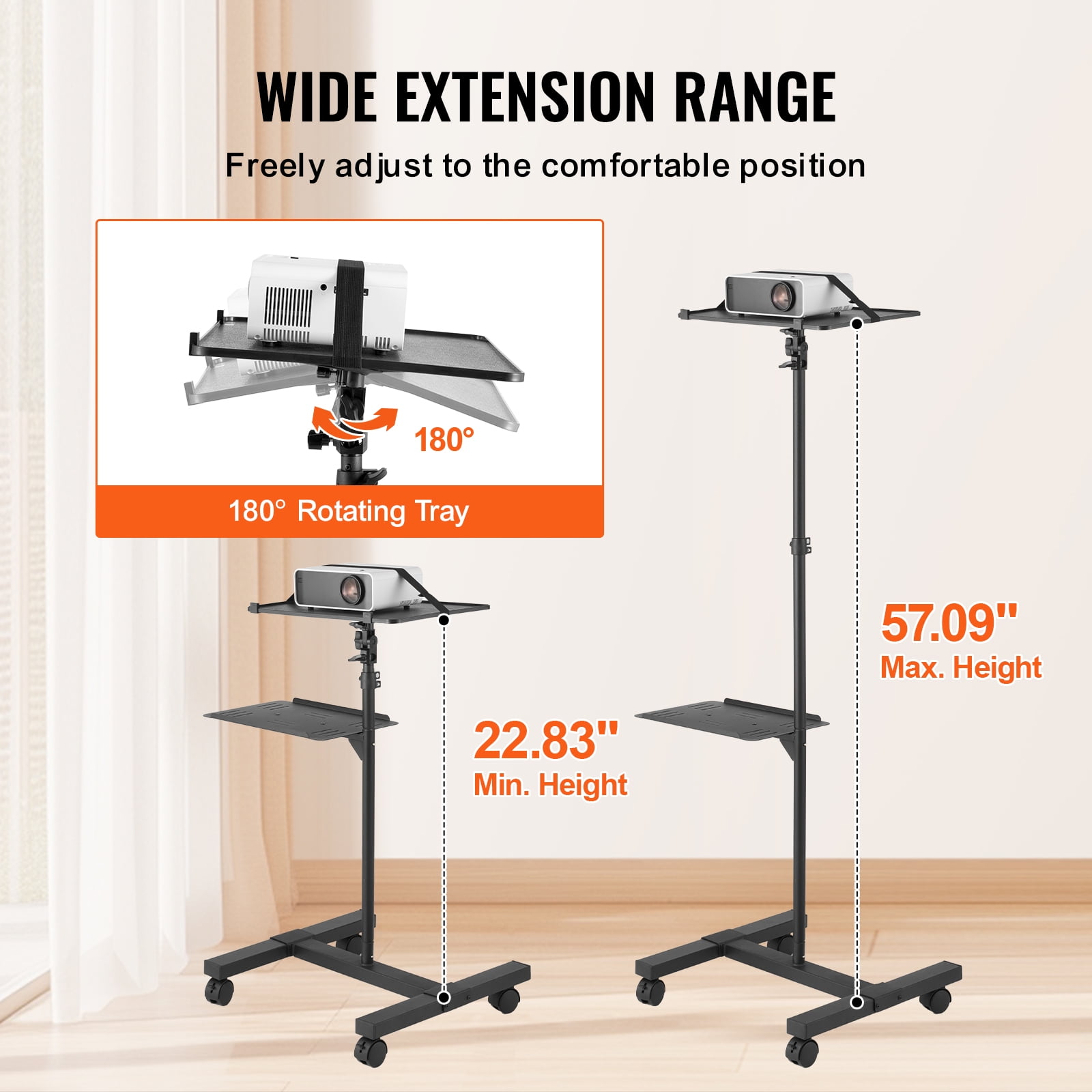KFFKFF Mobile Projector Stand, Flexible Projector Floor Stand with Height Range of 22.8 to 57.3 inches, Projector Holder with Dual Platforms, Suitable for Outdoor Cinema, Household, Workplace