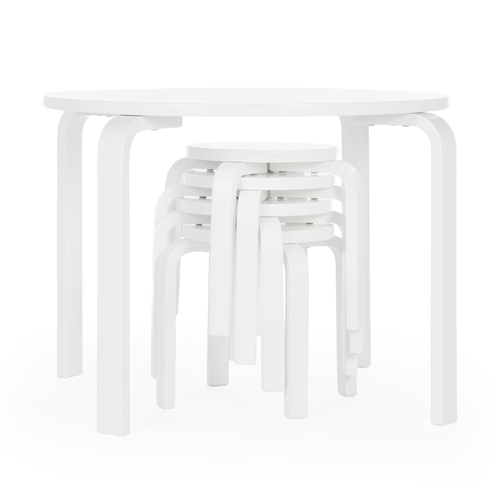 Guidecraft Kids' Nordic Table and Chairs Set - White: Wood Round Toddler Activity Table, Playroom Furniture with 4 Stacking Stools