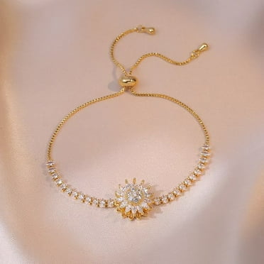Spinning Sunflower Bracelet for Women - Adjustable Anxiety Relief Jewelry with Sparkling Cubic Zirconia, Tiny Wrist Fidget Bracelet Gift for Her