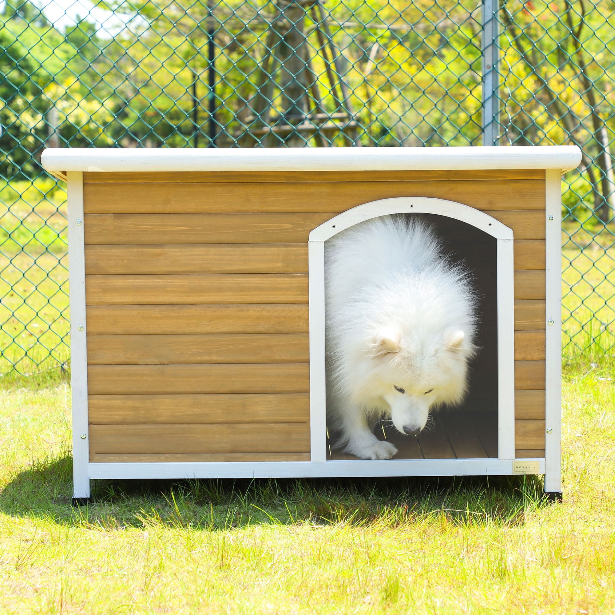 Demi Bonn 45" Outdoor Wooden Dog Houses with An Open Roof, Elevated Floor, Weatherproof Dog Kennel, Indoor Cat House, Yellow