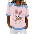 thumbnail image 3 of ZVAVZ Womens Waffle Easter Tops Faux Denim Patchwork Short Sleeve Blouse Cute Bunny Print Laple Neck Casual T-Shirts for Summer Pink,XXXL, 3 of 7