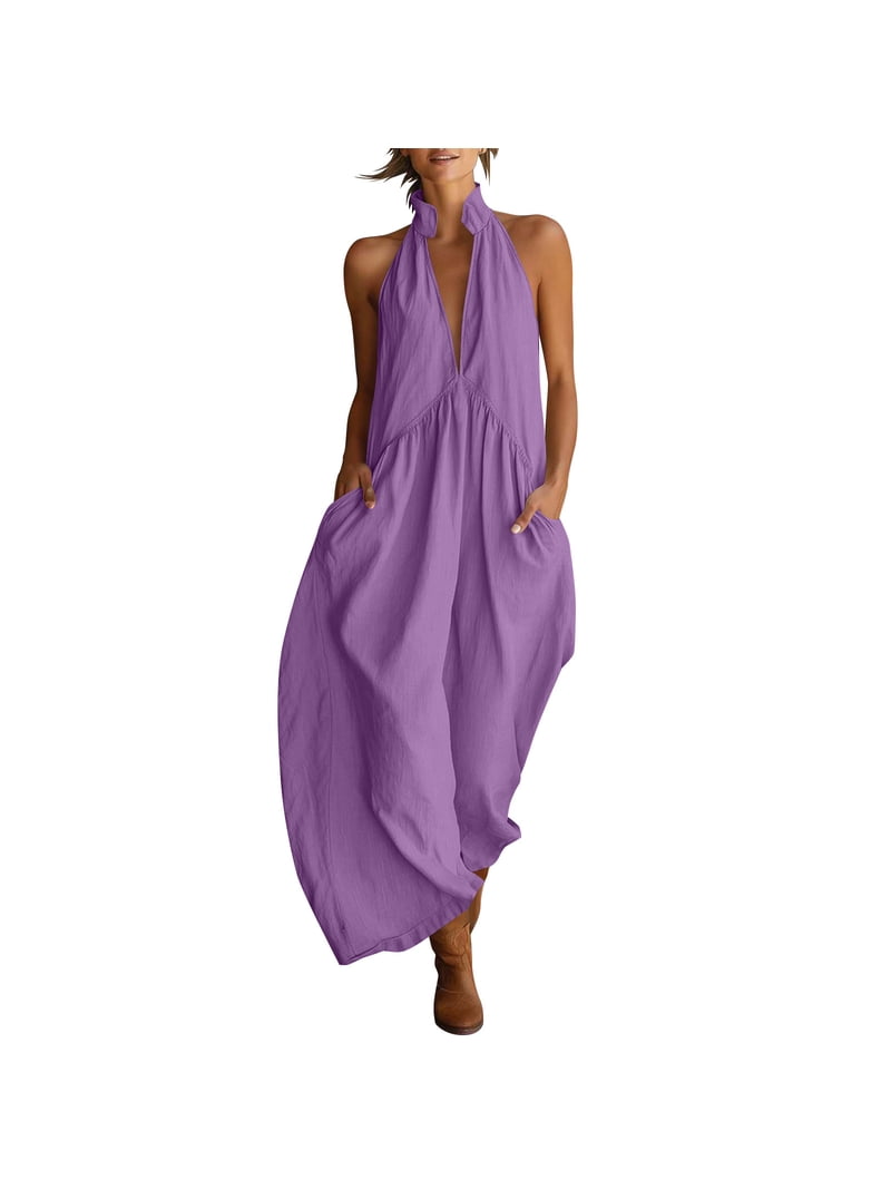 Afuyipoi Womens Cotton Linen Halter Neck Backless Maxi Dress With Pockets, Loose Flowy Pleated Long Dress, Soft Breathable Casual Summer Beach