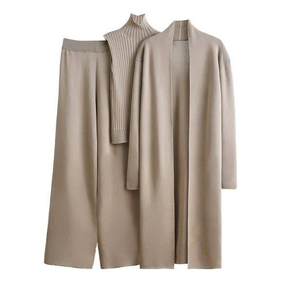 Caywon Women's Autumn Winter Long Trench Coat   Turtleneck Vest Sweater   Elastic Waist Wide Leg Pants 3-Piece Knitted Set Warm Stylish Fit For Outdoor Daily Wear