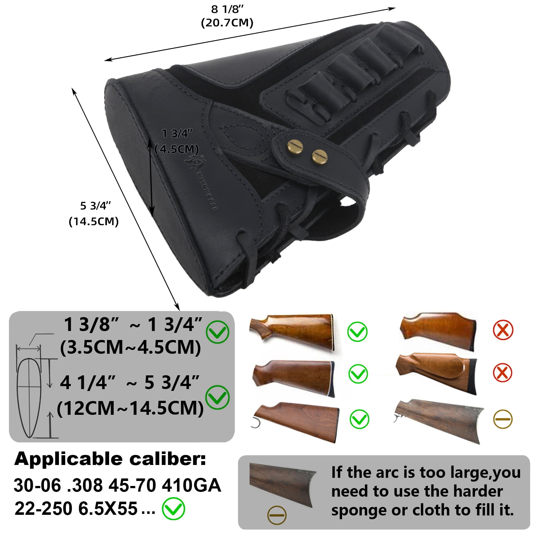 WAYNE'S DOG No-Drill Leather Rifle Buttstock Gun Cheek Rest for .308 .30-06 .45-70 .44MAG
