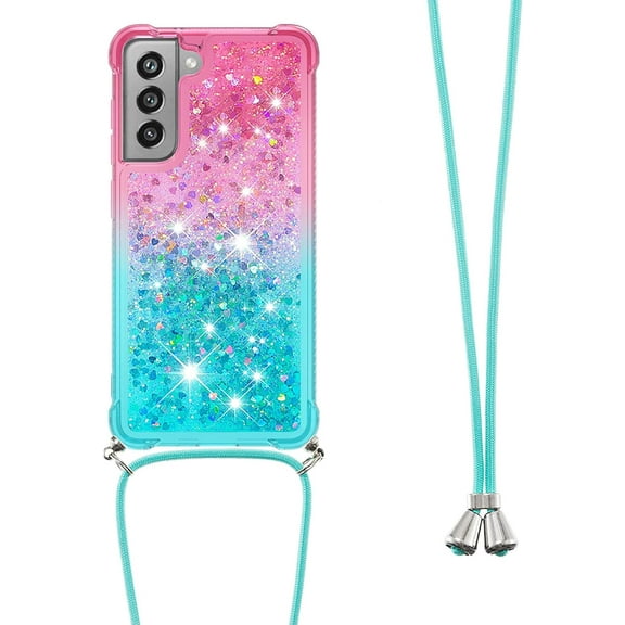 Samsung Galaxy S21 FE (Not S21) Case,Strap Crossbody Gradient Quicksand Bling Sparkle Flowing Liquid Floating with Neck Cord Lanyard Strap Cover for Samsung Galaxy S21 FE LSGS Powder Blue