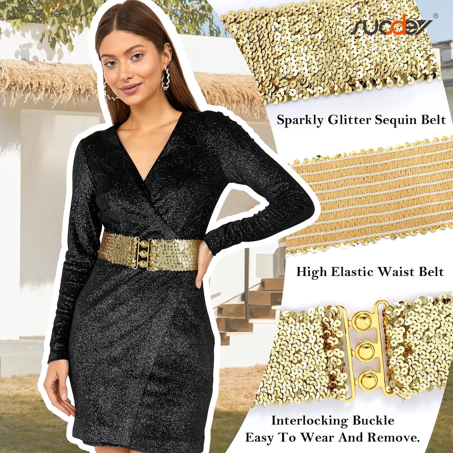 NWT excellent condition Sparkly stretch belt VASTLUCKY Women Elastic Wide Waist Belt for Dresses Sequin  main image 4