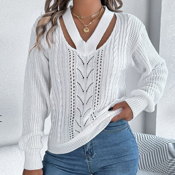 Qetyuw Womens Hollow Out Knit Sweaters Cut Out V Neck Long Sleeve Pullover Sweater Casual Loose Fit Jumpers