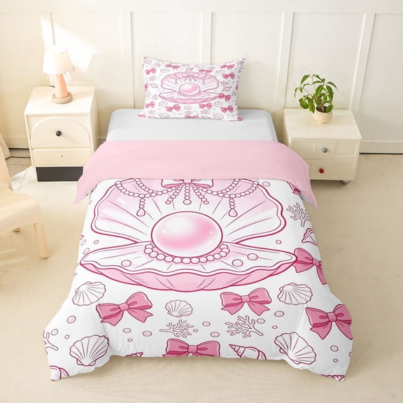 spefrowx Cute Pearl Shell Twin Duvet Cover for Kids, Pink Princess Bow Coral Twin Bedding, Pink Reversible, 2 Pieces, 1 Duvet Cover and 1 Pillowcase