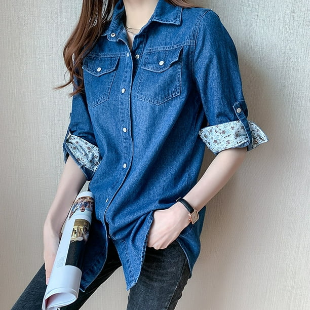 Womens Lapel Collar Casual Korean Pocket Loose Shirts Fashion Long Sleeves  Tops