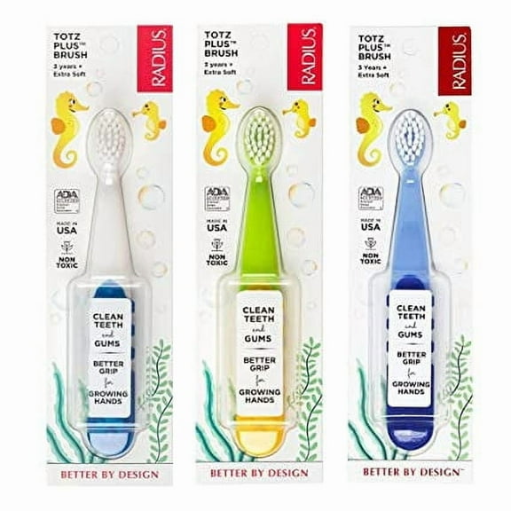 RADIUS Totz Plus Brush Kids Toothbrush Silky Soft BPA Free ADA Accepted Designed for Delicate Teeth & Gums for Children 3 Years & Up - Assorted - Pack of 3