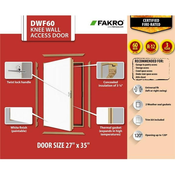 FAKRO 869486 27 x 35 in. DWF60 Wall Hatch Wooden Fire Rated Insulated Access Door, White