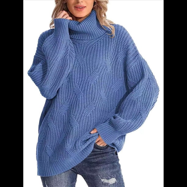 Suéter de Cuello Alto, Larga, Estilo Globo, Liso, para Mujer, para Invierno y Otoño. Azul S
