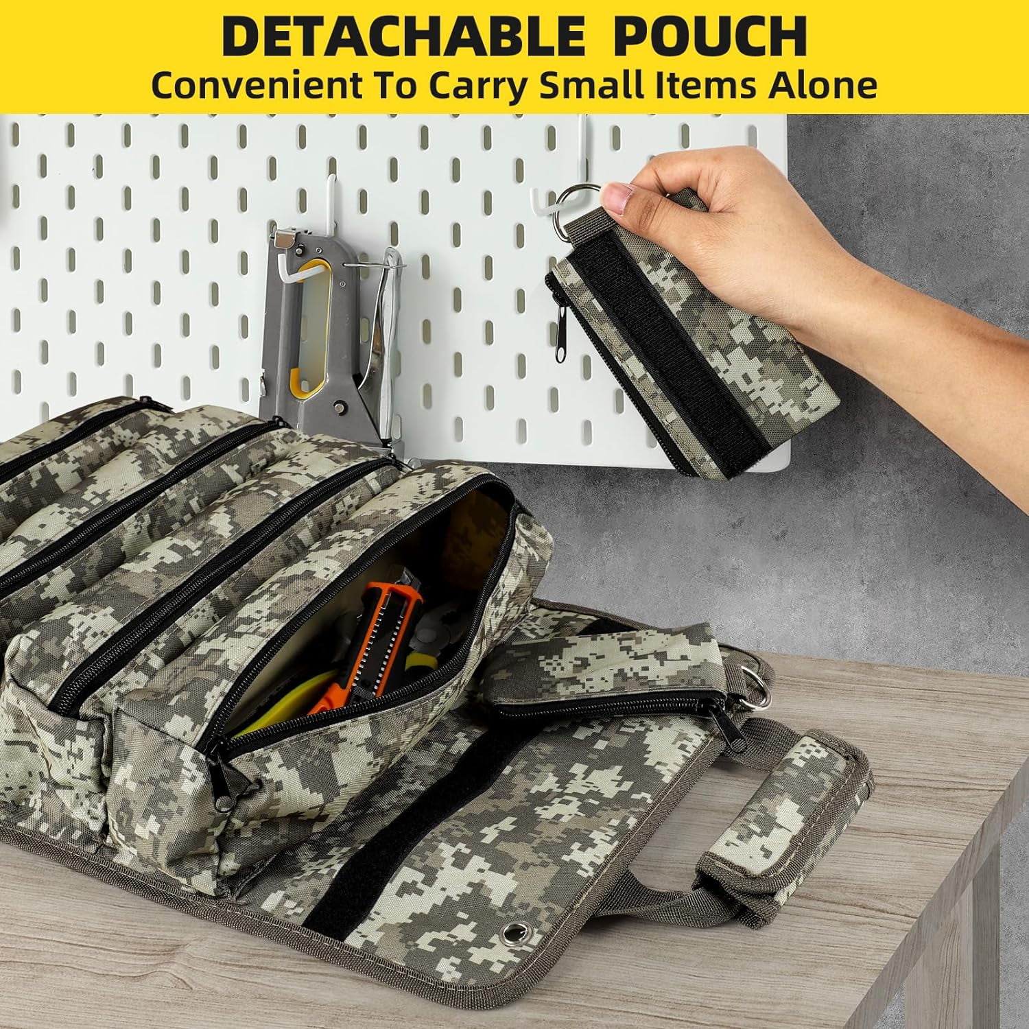 Tool Bag Roll Up, UUP Heavy Duty Tool Organizer for Men Women, Portable Tool Storage Box with 2 Detachable Zipper Pouch, Compact Small Carrier Bag for Electrician Mechanic, Father Day Dad Gifts, Green
