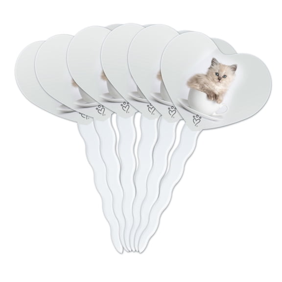 Ragdoll Tiffany Cat Kitten Tea Cup Ride Heart Love Cupcake Picks Toppers Decoration Set of 6