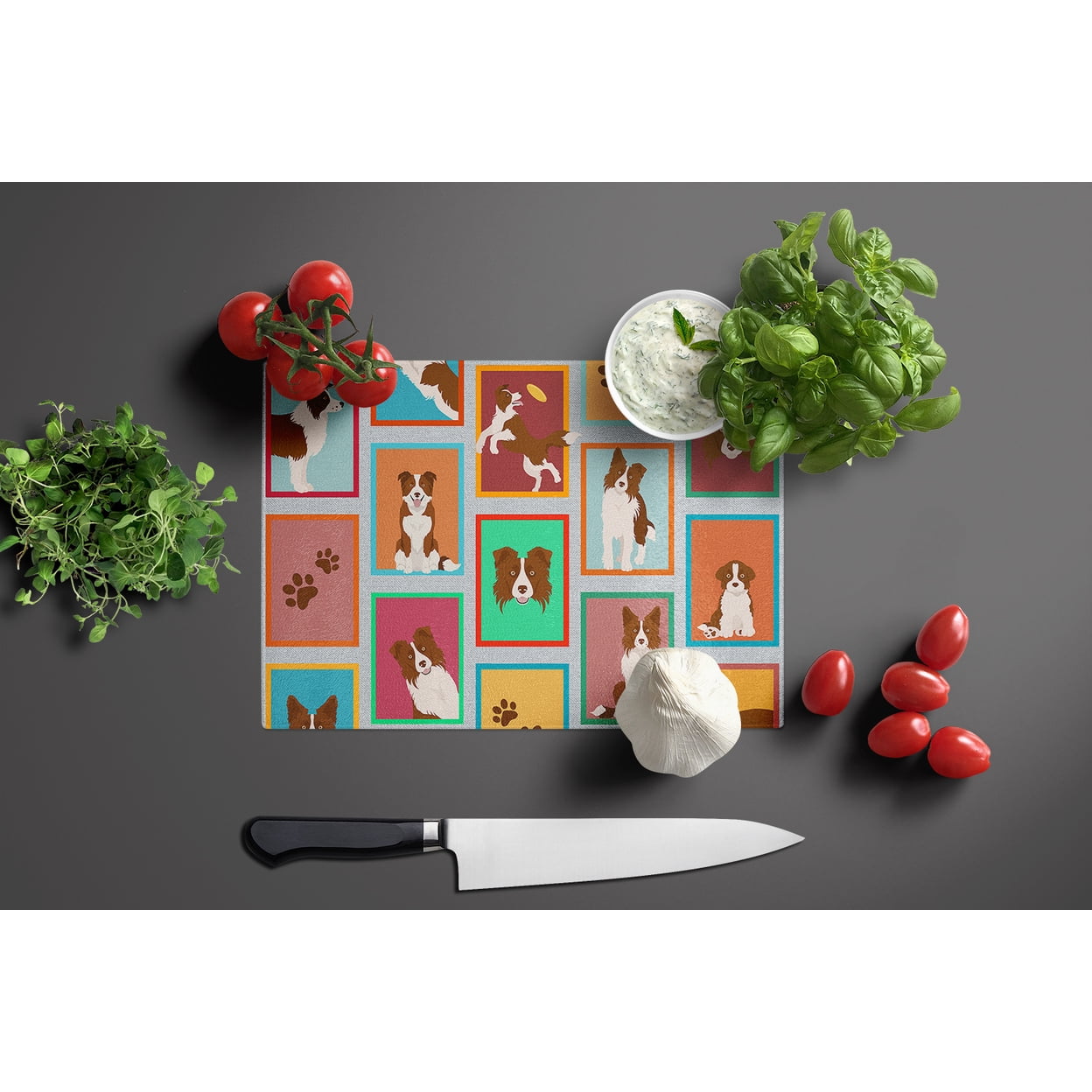 Lots of Red Border Collie Glass Cutting Board Large 12 in x 15 in