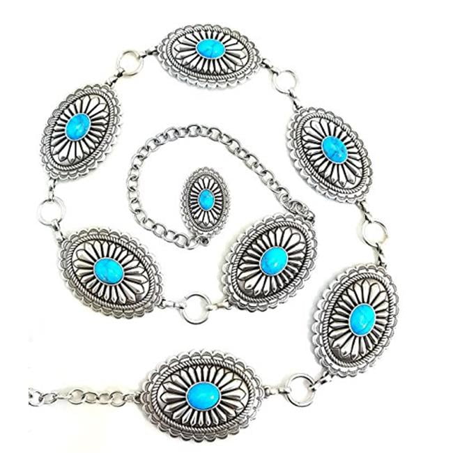Ariat Ariat A1515836L Womens Oval Turquoise Concho Chain Belt, Silver Large