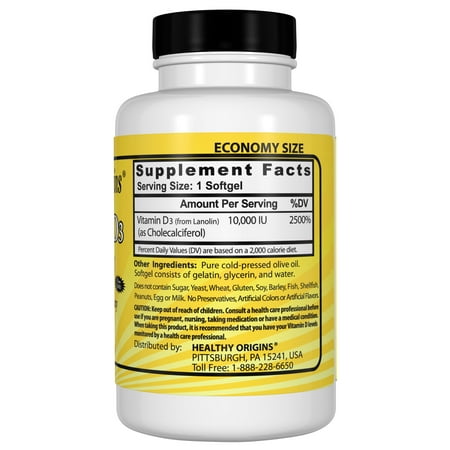 Healthy Origins Vitamin D3 10,000 IU (Non-GMO, High Potency, Bone Support, Immune Support, Gluten Free), 360 Softgels