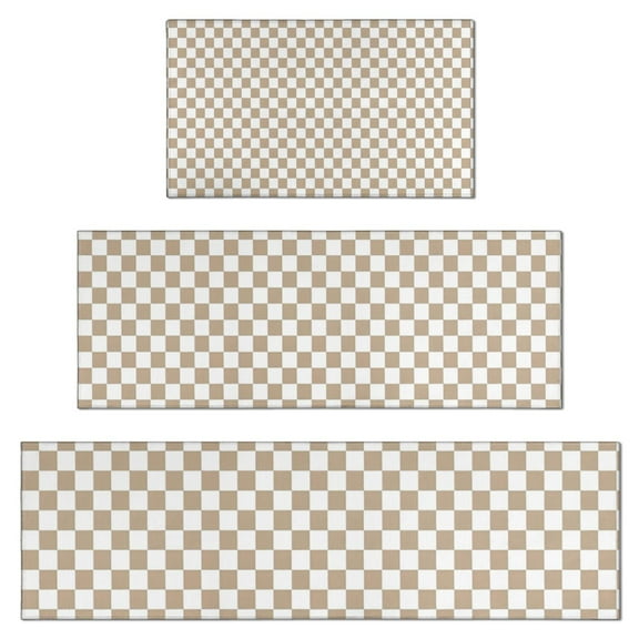 Beige and White Checkerboard Pattern Kitchen Rugs Sets Of 3,Kitchen Runner Rugs Non Skid Washable,Decorative Kitchen Floor Mats for Kitchen,Sink,Laundry,17"x30"  17"x47"   17"x59"