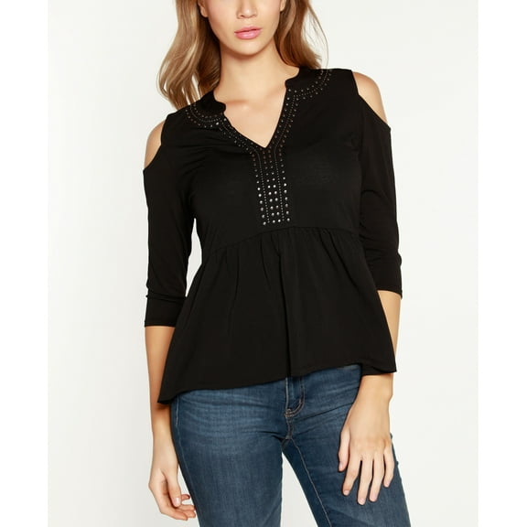 Belldini Black Label Petite Cold Shoulder Split Neck Peplum Top Black Pewter PM