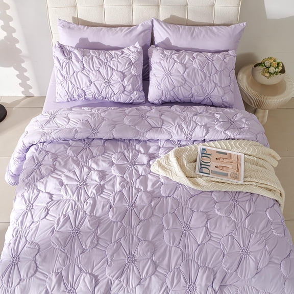 King Comforter Set 7 Pieces Pintuck Floral Ruched Bedding with Sheet Pillowcases