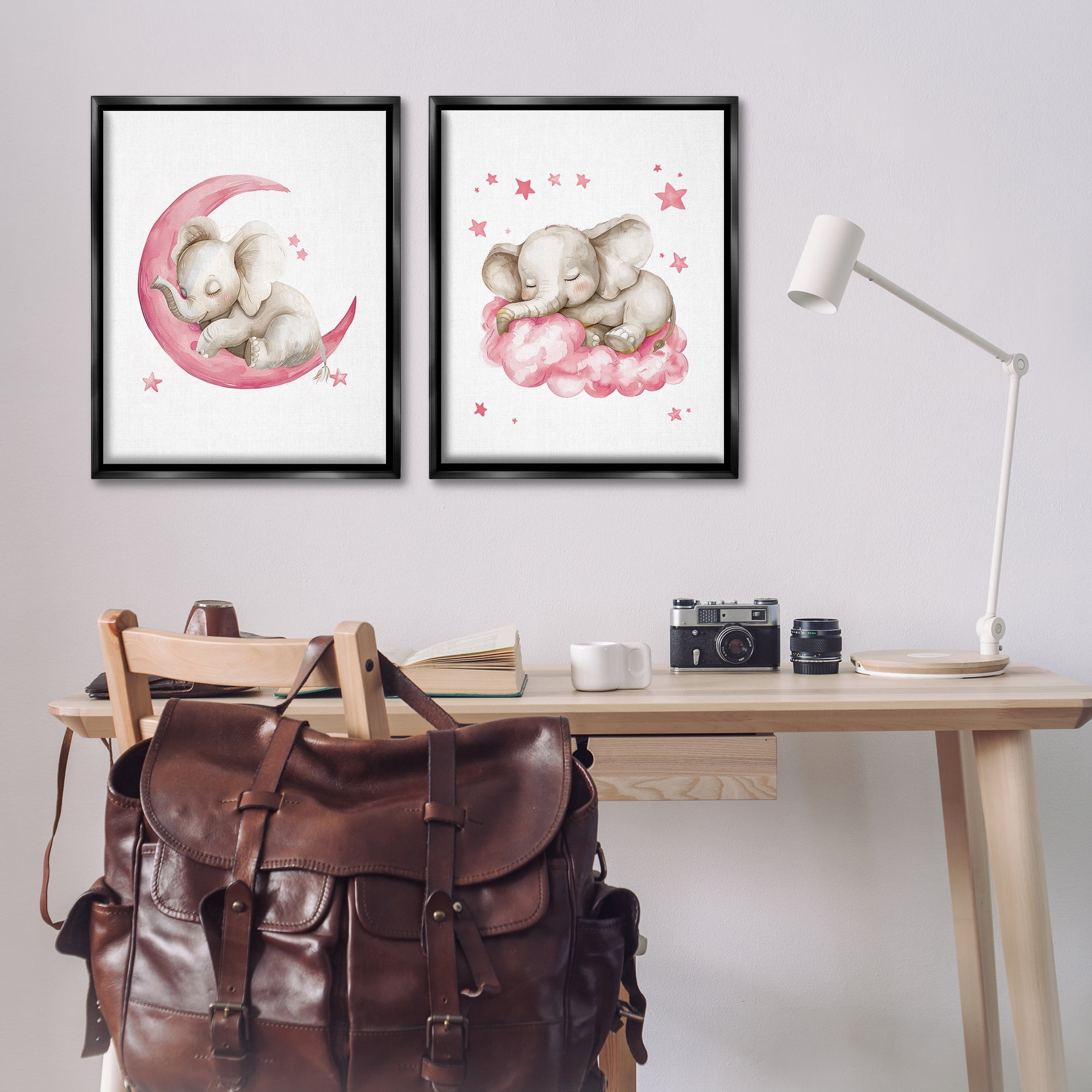 Stupell Industries Pink Sleepy Elephant Animals Painting Black Floater Framed Canvas Art Print Wall Art, 31 x 25, Set of 2