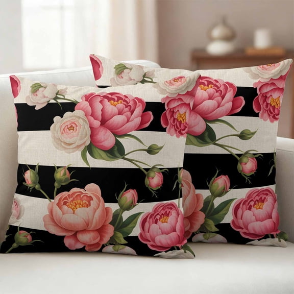 Pack of 2 Outdoor Pillow Covers,Waterproof Flower Stripes Throw Pillow Covers,Black White Geometric Pink Rose Floral Decorative Pillowcases Cushion Covers for Couch Pillow Sham Protector 24x24 Inch